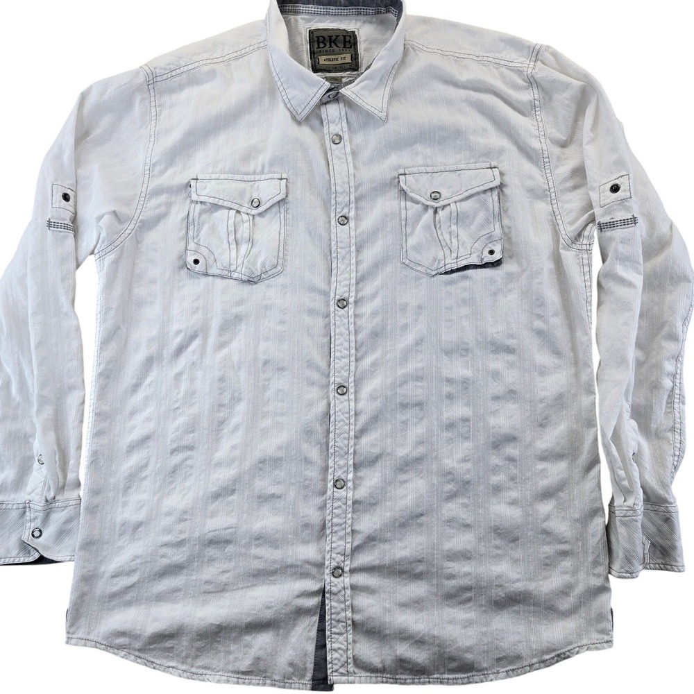 BKE Button Down Shirt Mens 2XL White Athletic Fit Long Sleeve Snap Pocket Stripe